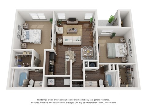 Floor plan for 2 beds, 2 baths, 1018 sqft